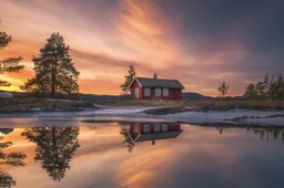 Noorse fotograaf maakt elk seizoen foto van een pittoresk rood huisje