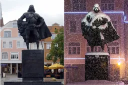 Standbeeld door sneeuw omgetoverd tot Darth Vader