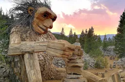 Handige dude bouwt enorme houten trollen en verbergt deze in de wildernis