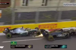 Hamilton en Magnussen raken elkaar op hoge snelheid