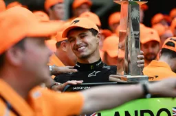 Watch: Jubilant scenes at McLaren as Norris arrives with the trophy