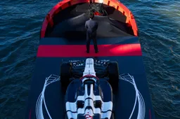 Tsunoda in AlphaTauri car on Venice water in honour of documentary