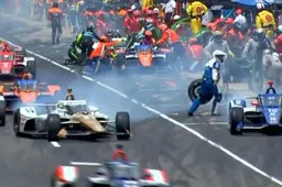 Koplopers Veekay en Palou botsen in pitstraat tijdens Indy 500