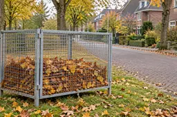 AI-illustratie van een bladkorf met herfstbladeren in een Nederlandse woonstraat