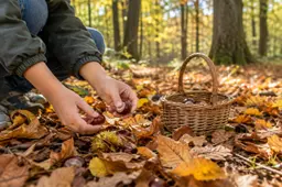 Kind raapt kastanjes in een herfstbos bij Harderwijk