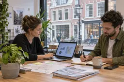 Twee ondernemers bespreken hun lokale marketing, AI-illustratie