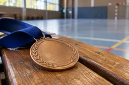 Algemene sportmedaille op een bankje in een sporthal – AI-illustratie