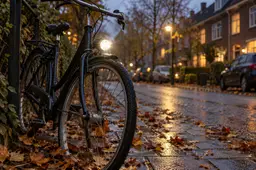 Fietslicht op natte herfstbladeren-1