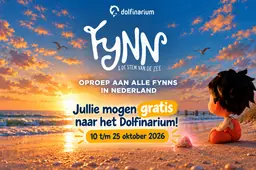 Actiebeeld: Fynns en gelijkklinkende namen gratis naar het Dolfinarium van 10 tot en met 25 oktober 2026. Beeld: Dolfinarium.