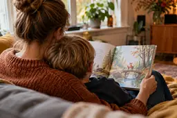 Een volwassene leest samen met een kind op de bank.