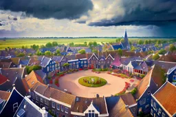 2025 05 09 pleintje met woningen onder donkere wolken