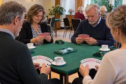AI-gegenereerde illustratie van vier mensen die bridge spelen; geen opname van de Nunspeetse club.