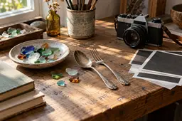 Fotografie, bestek en glas. Illustratie gemaakt met AI; geen werk van Lucy Kiewiet.