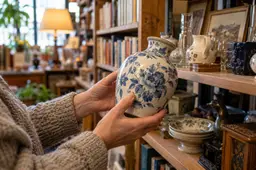 Tweedehands vaas bekijken in een kringloopwinkel; AI-gegenereerde illustratie