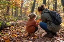 Ouder en kind ontdekken herfstbladeren; AI-gegenereerde illustratie