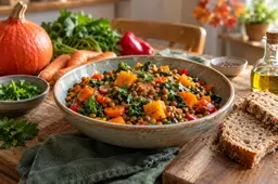 Vegetarische maaltijd met linzen en groenten; AI-gegenereerde illustratie