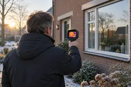 Warmtebeeldcamera bij een gevel. Illustratie gemaakt met AI.