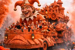 Fantasierijke carnavalswagen met nar
