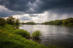 Maaslandschap onder dramatische luchten