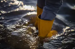person-blue-denim-jeans-yellow-boots-standing-water