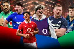 Six rugby players representing England, Ireland, France, Scotland, Wales and Italy in a 2027 Six Nations promotional montage.