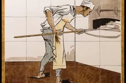 tegeltableau voorstellende een bakker die het brood in de oven schiet gemaakt in delft door plateelbakkerij de porceleyne fles ca 1900 1910 mogelijk naar ontwerp van leon senf