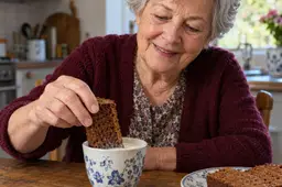Oma doopt peperkoek in melk