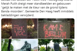 Standbeeld Johan van Oldenbarnevelt beklad bij de Hofvijver. Actiegroep dreigt met meer vernielingen
