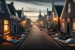 dalle 2024 02 20 122106 a serene yet poignant scene in a small dutch village at dusk capturing the reality of immigrants without shelter compelled to sleep on the village s