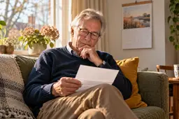 Gepensioneerde man op de bank leest een brief bij het raam