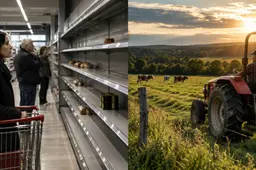 Lege supermarktschappen naast een boer op een trekker in het weiland, symbool voor voedselzekerheid