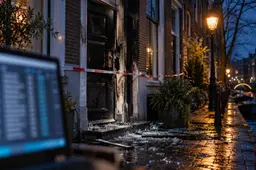 Zwartgeblakerde voordeur na een explosie in een Amsterdamse straat, symbool voor geweld na gelekte adresgegevens