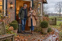 Stel met koffer bij de deur van een vakantiehuisje, de vrouw kijkt verbaasd op haar telefoon