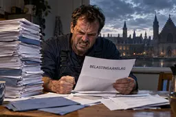 Woedende werknemer met belastingaanslagen tegen de achtergrond van het Binnenhof.