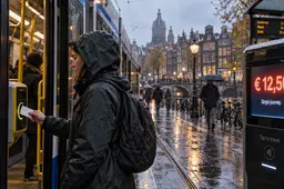 Reiziger checkt in bij een Amsterdamse tram van het GVB bij regenachtig weer.