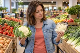 Vrouw vergelijkt een hele bloemkool met voorgesneden roosjes in de groenteafdeling van een supermarkt
