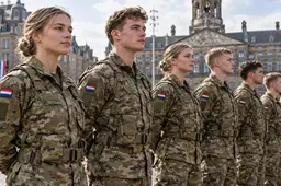 Jonge militairen in camouflage-uniform staan in een rij op de Dam in Amsterdam