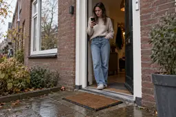 Vrouw staat bij haar voordeur en kijkt verbaasd op haar telefoon, de deurmat is leeg.