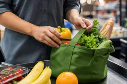 Illustratie van een supermarktmedewerker die na werktijd boodschappen inpakt.