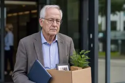 Werknemer verlaat kantoor met persoonlijke spullen en pensioenmap