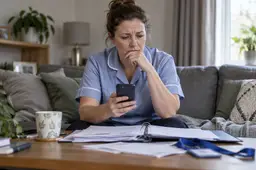 Zorgmedewerker thuis op de bank met een map papieren en haar telefoon.