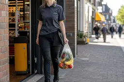 Illustratie van een werkende die na zijn dienst boodschappen doet.