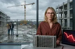Minister Elanor Boekholt-O'Sullivan bij een flatmaquette en dalende grafiek, buiten een stille bouwplaats in de regen.