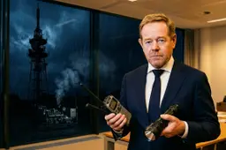 AI-illustratie: David van Weel met noodradio en zaklamp, buiten staat een zendmast in de storm met een rokend aggregaat