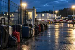Rij koffers voor de gesloten slagboom van een aanmeldcentrum: de asielinstroom in week 41 bedroeg ongeveer 910
