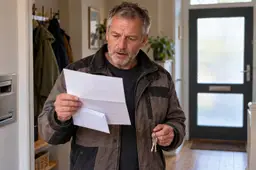 Een man van middelbare leeftijd in werkkleding leest in de hal van zijn huis een net geopende brief.