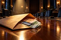 Open envelop met eurobiljetten op een glanzende vergadertafel in een statige zaal met lege leren stoelen