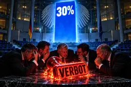 Symbolische illustratie van gespannen politici rond een brandende ‘VERBOT’-stempel in de Bondsdag, onder een reusachtige blauwe kolom met ‘30%’.