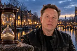 Symbolische illustratie van Elon Musk bij een Amsterdamse gracht in de schemering, met een bijna doorgelopen zandloper op de brugleuning.