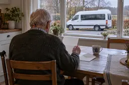 Oudere man van achteren aan een keukentafel met een geopende brief en een wandelstok, voor het raam een wit busje